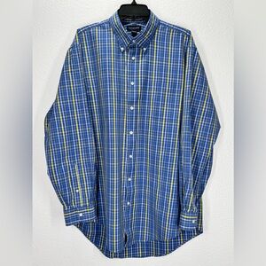 Lands End Long Sleeve Button Down Shirt 17 1/2”  Tailored Fit Blue/Yellow Tall